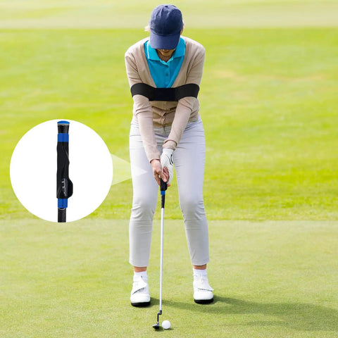 Golfer using the Golf Grip Trainer And Swing Corrector Arm Band Training Combo for real hand position and smoother swing mechanics