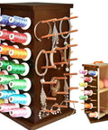 Pretty Slick Wooden 84 Spool Thread Rack With 360 Degree Rotation And Hidden Compartments For Sewing Embroidery Craft Threads Storage Organizer And Needles Bobbins side view displaying colorful threads and jewelry.