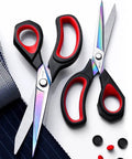 Two Pack Titanium Fabric Scissors Heavy Duty Tailor Shears, Ultra Sharp Rust Resistant Steel, Cuts Sixteen Layers Like Butter, All Purpose Sewing Scissors for Quilting Alterations Crafting and DIY Projects, two black red handles