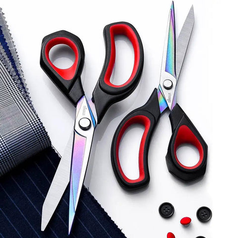 Two Pack Titanium Fabric Scissors Heavy Duty Tailor Shears, Ultra Sharp Rust Resistant Steel, Cuts Sixteen Layers Like Butter, All Purpose Sewing Scissors for Quilting Alterations Crafting and DIY Projects, two black red handles