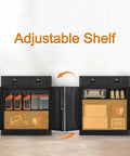 Front view of 36 Inch High Locking Metal Storage Cabinet With Two Drawers And An Adjustable Shelf For Office, Garage Or Home, Heavy Duty Steel Construction In Black Finish, showcasing adjustable shelf options with storage items inside.
