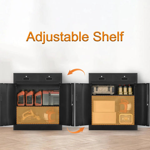 Front view of 36 Inch High Locking Metal Storage Cabinet With Two Drawers And An Adjustable Shelf For Office, Garage Or Home, Heavy Duty Steel Construction In Black Finish, showcasing adjustable shelf options with storage items inside.