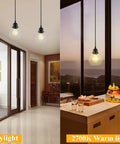 Dope Matte Black Pendant Light For Kitchen Island With Clear Glass Globe Shade, shown in daylight and 2700K warm light settings.