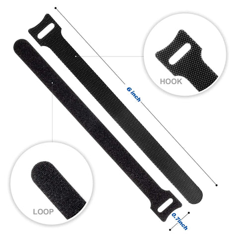 80 Count Reusable Cable Ties 6 Inch Black Self Fastening Ties For Tidy Cords And Tangle Free Cable Management Multi Purpose Hook And Loop Organizer For Home Office Data Center showing hook and loop detail.