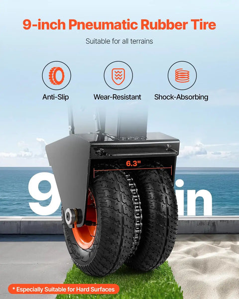 9-inch pneumatic rubber tires on a heavy duty trailer dolly, showcasing anti-slip, wear-resistant features for smooth transport.