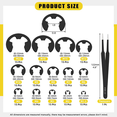 Chart showing Black E Clip Assortment Kit With 14 Sizes External Retaining Rings 1.5mm to 22mm and tweezers for auto hobbyists.