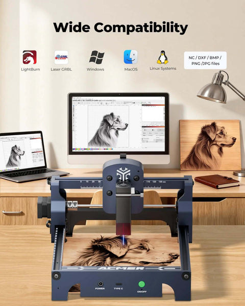 Front view of blue ACMER S1 laser engraver on desk, engraving a dog image on wood.