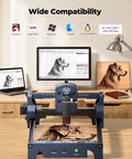 Powerful 2500mW Laser Engraver With 130x130mm Work Area Ultra Fine 0.04mm Spot High Precision Laser Cutter And Engraving Machine For DIY Makers Free Software Included engraving a dog image on wood, with computers displaying compatible software.