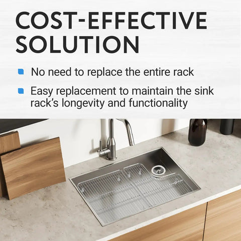 Replacement Feet for Kitchen Sink Rack and Grate, 16 Pack, White Rubber 0.37 Inch Opening shown above a kitchen sink.