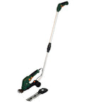 Cordless Grass Shear And Shrub Trimmer With Wheeled Extension Handle Seven Point Two Volt Lithium Ion Battery, showing hedge and shear blade