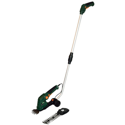 Cordless Grass Shear And Shrub Trimmer With Wheeled Extension Handle Seven Point Two Volt Lithium Ion Battery, showing hedge and shear blade
