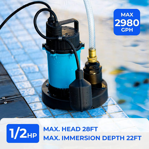 Half Horsepower Submersible Sump Pump With Automatic Float Switch 2980 GPH Workhorse for clean or dirty water drainage pool edge