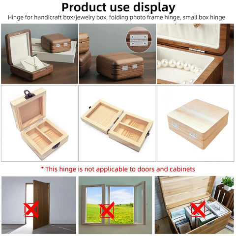 Product use display of Fifty Piece Mini Bronze Butt Hinges With Two Hundred Matching Screws for jewelry and craft boxes.