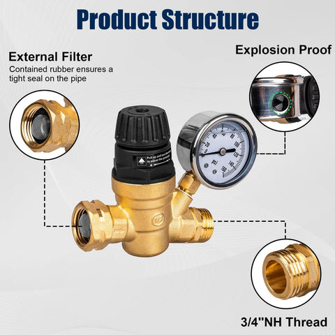 Front view of RV water pressure regulator valve with gauge and built-in strainer, brass body, 3/4 in NH thread