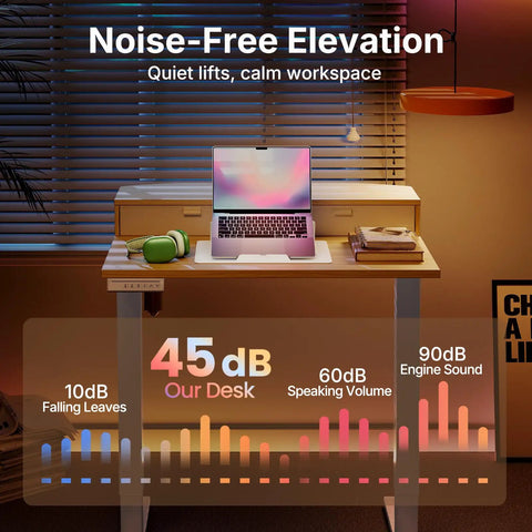 Compact Electric Standing Desk With Two Drawers 32x21 Inch Workstation showing noise levels below 45 dB in home office