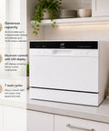 Hassle Free Countertop Dishwasher With Stainless Steel Tub And Delay Start For Small Apartments And Condos Quick Plug In Portable Washer With Smart Screen and six place settings displayed on a kitchen counter.