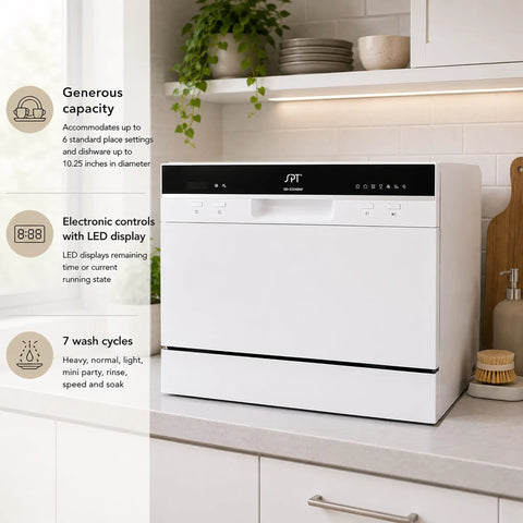 Hassle Free Countertop Dishwasher With Stainless Steel Tub And Delay Start For Small Apartments And Condos Quick Plug In Portable Washer With Smart Screen and six place settings displayed on a kitchen counter.