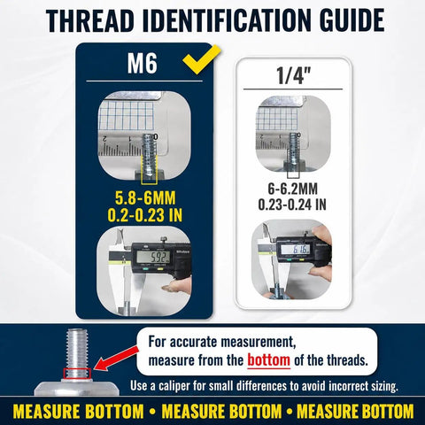 M6 thread identification guide showing measurement details for precision sizing of threaded stem bolts.
