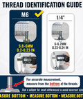 Thread identification guide showing M6 and 1/4" measurements for accurate fastening, helpful for Smooth Rolling M6 Threaded Stem Caster Wheels.