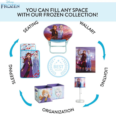Frozen collection with seating, wall art, lighting, sleeping items, and organization boxes featuring movie characters.
