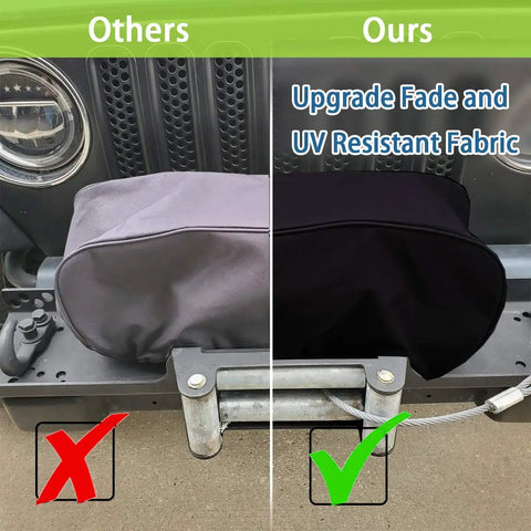 Comparison of winch covers on a vehicle, highlighting Rugged All Weather Winch Cover For 8500 To 17500 Lbs Electric Winches Tough As Nails.