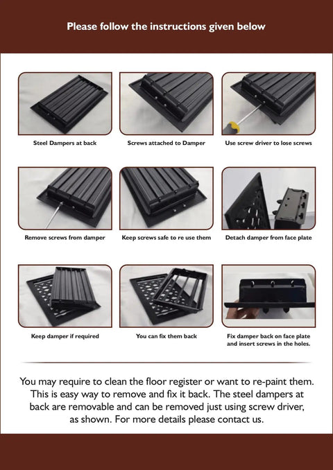 Durable Cast Aluminum Floor Register 9x12 for Duct Openings VR-100 assembly instructions showing screw and damper details.