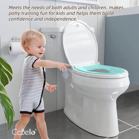 Child using All In One Potty Training Toilet Seat With Built In Toddler Seat Slow Close Magnetic Hinge Fits Adults And Kids in bathroom.