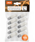 Ten Piece Cabinet Soft Close Door Dampers Hassle Free Tool Less Install Solid Build Hardware Kit in a clear package.
