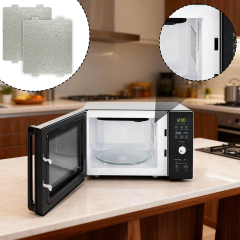 Microwave with open door showing Two Pack Microwave Waveguide Covers Replacement 4.7 By 3.9 Inch Mica Sheets on kitchen counter