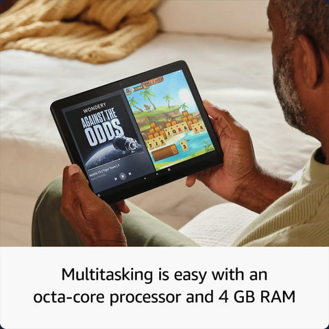 Man using Top Shelf Ten Point One Inch Tablet With A Dope Full Hd Display And Snappy Octa Core Processor Packing Four Gb Ram And Thirty Two Gb Storage To Smash Streaming Marathons Heavy Gaming And Daily Tasks Without Lag On All Day Battery Life In Classic Black for multitasking.