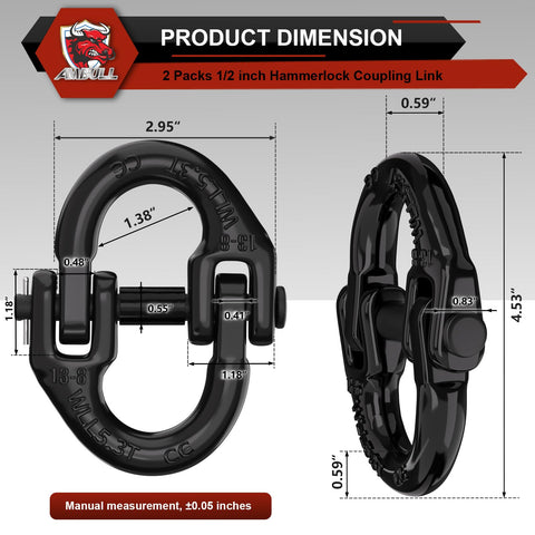 2 Pack Half Inch Safety Chain Connector Link With G80 Hammerlock Tow Hitch Coupling Beefy All Weather Ready Heavy Duty Tow Chain Connector For 12000 Lb Load Capacity Rust Resistant Alloy Steel Black showing product dimensions