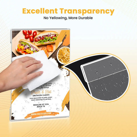 20 Pack Acrylic Sign Holder 8.5 By 11 Wall Mount Clear Display showing menu with hand wiping surface