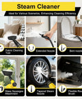 Heavy Duty Handheld Steam Cleaner For Home And Cars Pro Level Multi Surface Vapor Tool with fabric cleaning, bent and extended nozzles.