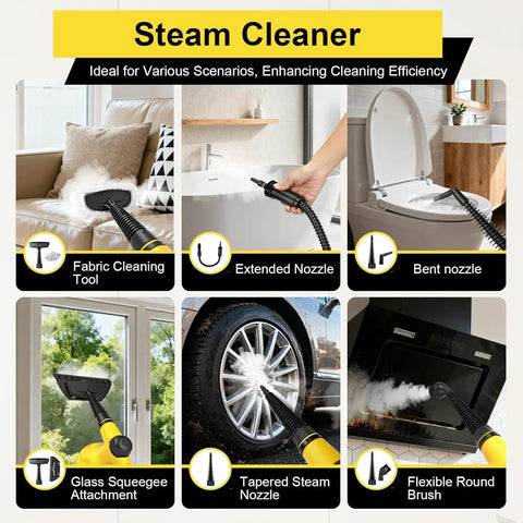 Heavy Duty Handheld Steam Cleaner For Home And Cars Pro Level Multi Surface Vapor Tool with fabric cleaning, bent and extended nozzles.