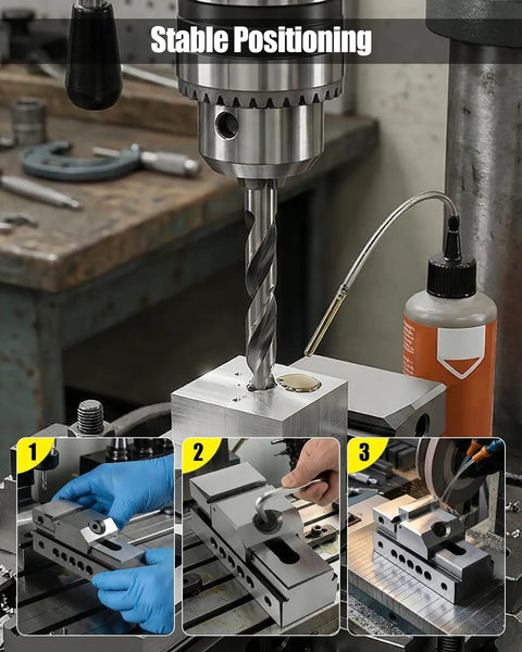 1 Inch Pro Grade Precision Grinding Vise Built Tough From Alloy Steel With Screwless Quick Clamp For Machine Tools Drilling Benches Job Ready Rock Solid Mini Workholding Rig in use for drilling and positioning.