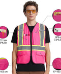 Heavy Duty High Visibility Reflective Safety Vest Featuring Wide Hi Viz Strips For Construction Jobsites Traffic Management And Outdoor Yard Work Unisex Polyester Blend ensures airflow, showing pockets and reflective strips.