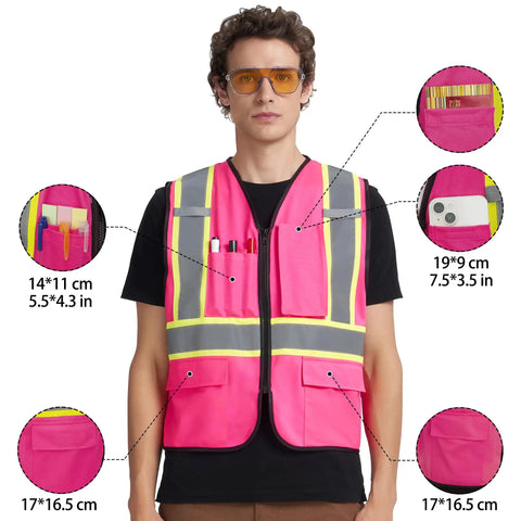 Heavy Duty High Visibility Reflective Safety Vest Featuring Wide Hi Viz Strips For Construction Jobsites Traffic Management And Outdoor Yard Work Unisex Polyester Blend ensures airflow, showing pockets and reflective strips.