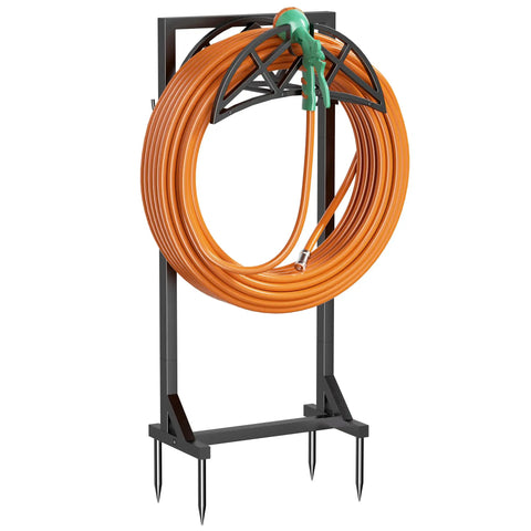 Beefy Heavy Duty Metal Hose Holder With Freestanding Stand And Stable Triangular Base No Wobble Includes 2 Tool Hooks, holds orange hose