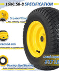 Beefy Tubeless 16X6.50-8 Lawn Mower Tires With Wheels Front Wheel Set, yellow rim, turf pattern, 3/4 or 5/8 inch bearing