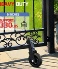 Image of a 6 Inch Black Under Mount Gate Wheel For Farm Gates Prevent Dragging On Chain Link Fences Sliding Gates With 330 LB Capacity Heavy Duty Casters Durable Steel Plate Construction attached to a metal gate.