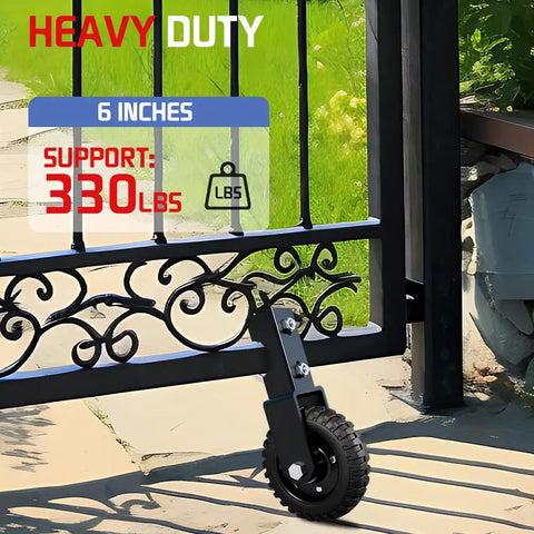 Image of a 6 Inch Black Under Mount Gate Wheel For Farm Gates Prevent Dragging On Chain Link Fences Sliding Gates With 330 LB Capacity Heavy Duty Casters Durable Steel Plate Construction attached to a metal gate.