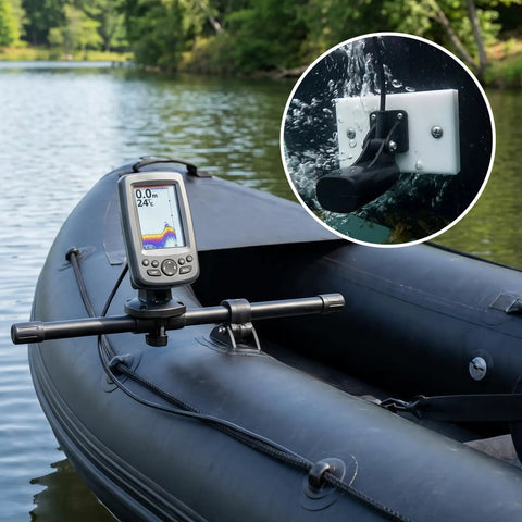 Transducer Mounting Plate Kit With Screws For Marine Grade Boat Transom, UV Resistant Mounting Board For Fish Finder And Sonar, No Fuss Quick Install 4.5 By 3.5 By 0.75 Inches, White High Visibility Mounting Pad mounted on inflatable boat transom with fish finder