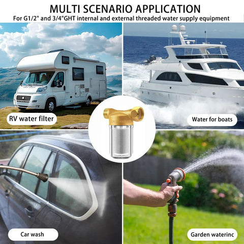 Upgraded Reusable Brass Water Filter For Home, RV, Camping And Washing Machines, multi-scenario use including RV and boat