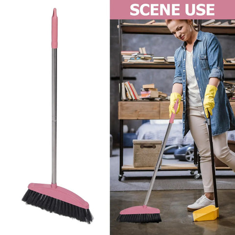 Long Handle Broom With Dense Stiff Bristles Heavy Duty Floor Sweeper built for yards, used for quick cleaning in a living space.