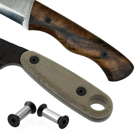 Close-up of knife handles with 10 Pack Knife Handle Screws Rivets Bolts Kit for Knife Making and Blade Repair Black M4 Hex Flat Head Screws.