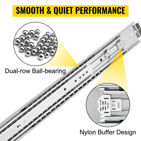 Heavy Duty 48 Inch Drawer Slides, Locking, 500 Lb Load, Side Mount Ball Bearing Glides, Full Extension, 1 Pair, Cold Rolled Steel, Anti Rust And Wear Resistant Construction, dual-row ball-bearing slide with nylon buffer