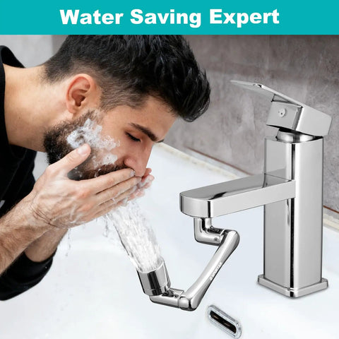 Adjustable Sink Faucet Extender With Swivel Aerator And Filter in use, silver finish, showcasing water flow on man's face