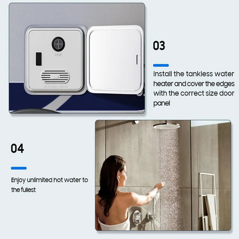 On Demand Compact Tankless Propane Water Heater Using 12 Volt Direct Current installed with a door panel and in use for a shower.