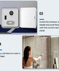 Instant On Tankless Propane Water Heater For Campers Rv showing installation panel and someone enjoying a hot shower.