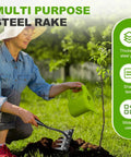 Heavy Duty Weeding Rake Version 2 With 5 6 7 8 Teeth Carbon Steel Garden Tool shown with gardener in yard